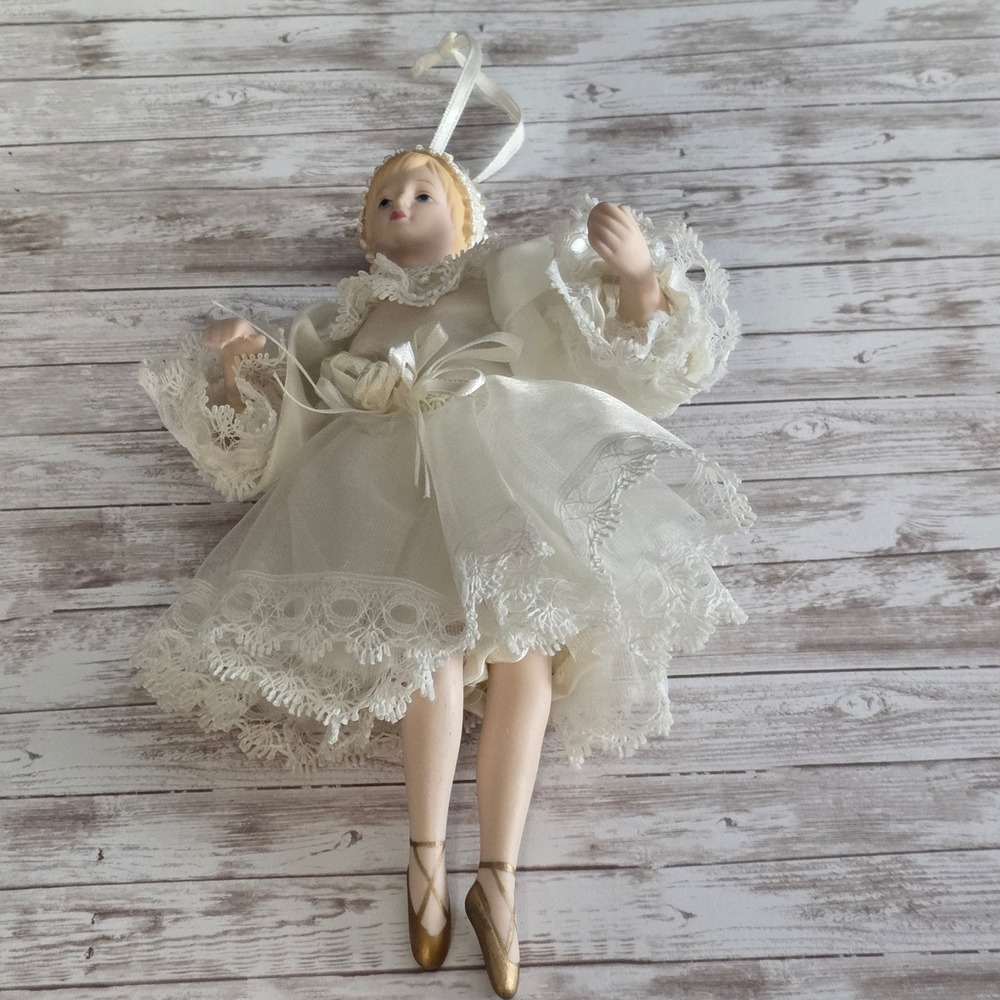 Vintage Porcelain Ballerina Ornament White Lace Tutu Gold Shoes 7.5"